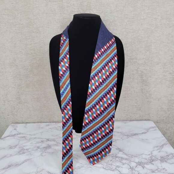 Vintage Retro Geometric Silk Multicolor Dismond Pattern Men's Tie Necktie - Picture 1 of 8